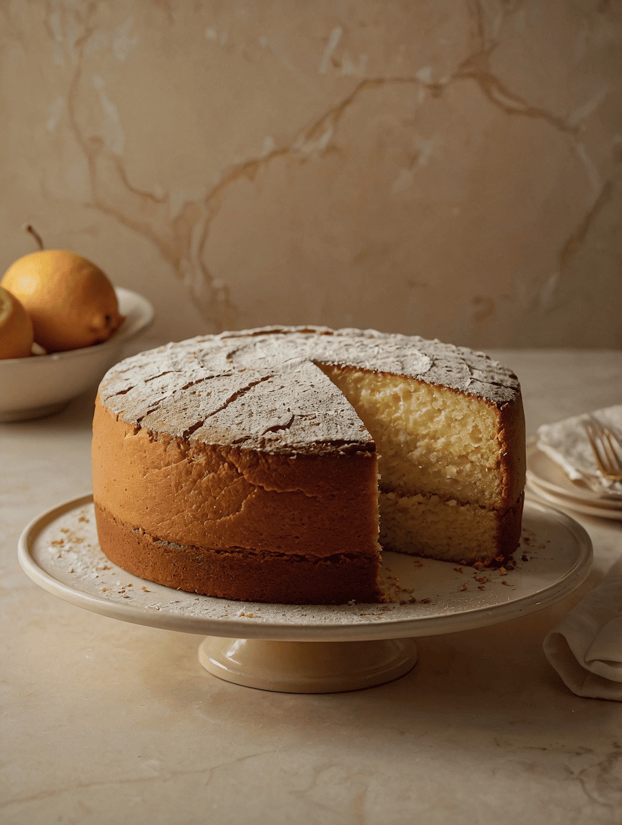 Vanilla tea cake with a slice cut